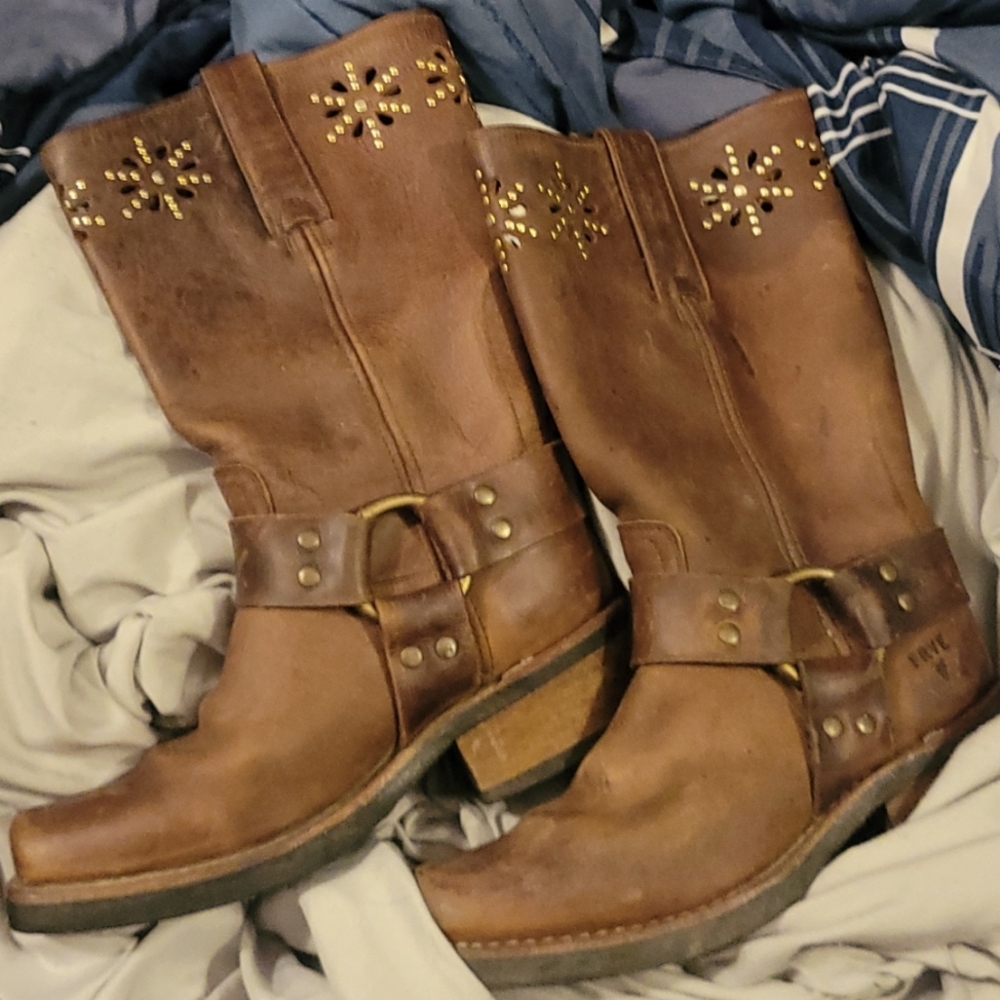 FRYE  Harness Brown Leather Painted Flower Motorcycle boots (77700)